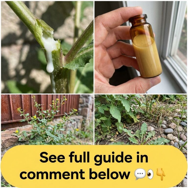 A four-panel collage featuring a close-up of milky sap on a green plant stem a hand holding a small vial of yellowish li