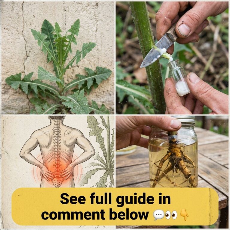A four-panel collage featuring a thistle-like plant hands collecting milky sap a spine illustration with lower back pain