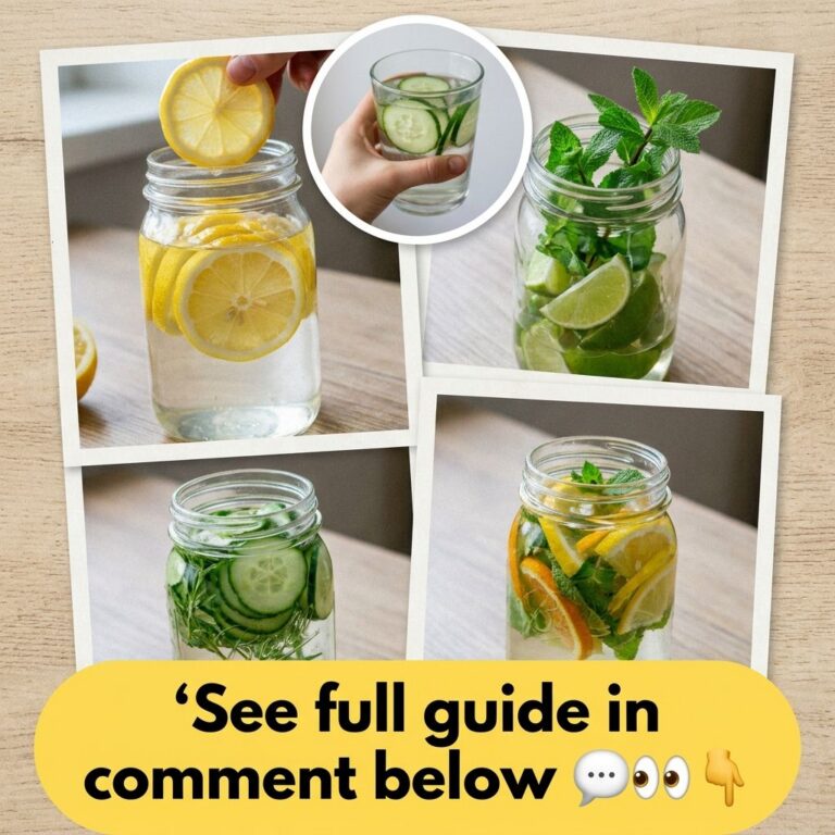 A vibrant collage of four distinct types of fruit and herb-infused water in clear glass mason jars arranged on a light w