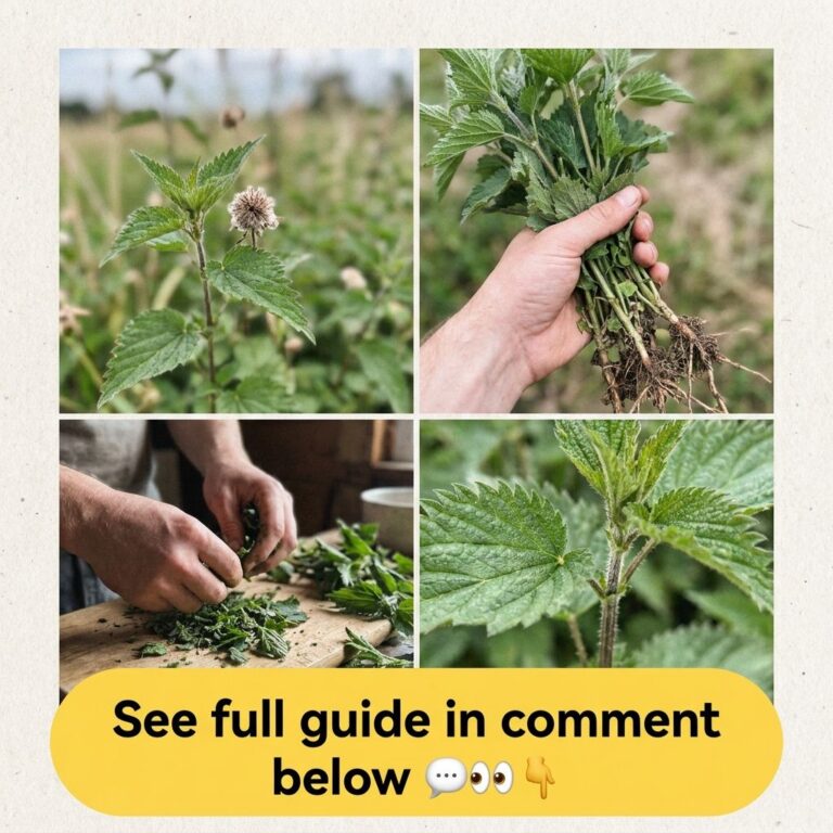 A four-panel collage showing stinging nettle in various stages growing wild harvested being chopped on a cutting board a