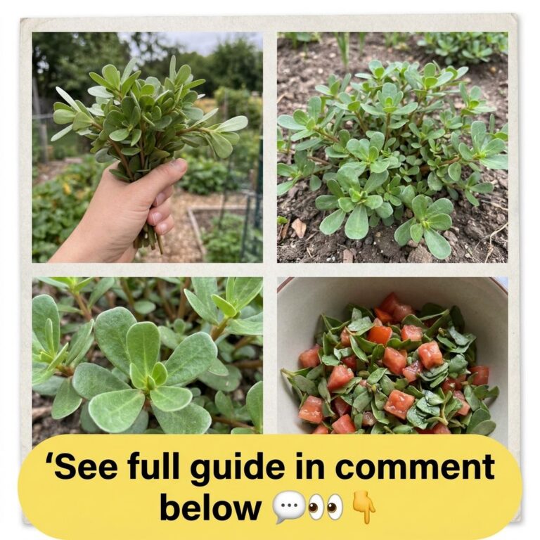 A four-panel collage showing purslane being harvested growing in soil a close-up of its leaves and a salad made with pur