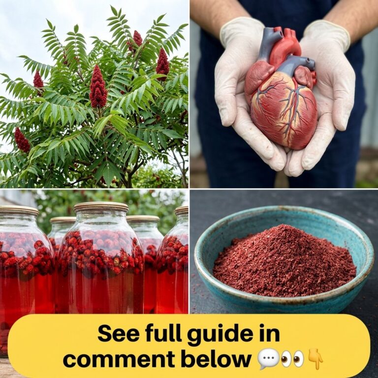 A four-panel collage featuring a sumac plant hands holding a heart model jars with sumac infusion and a bowl of ground s