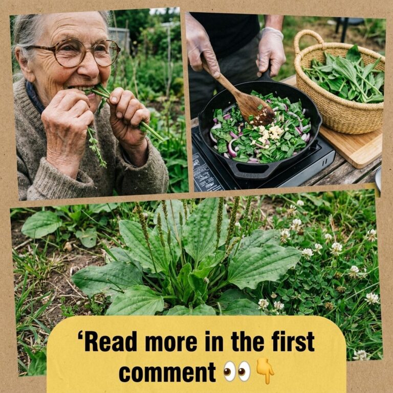A dynamic collage showing broadleaf plantain an elderly woman eating it hands stirring chopped plantain with onion and g