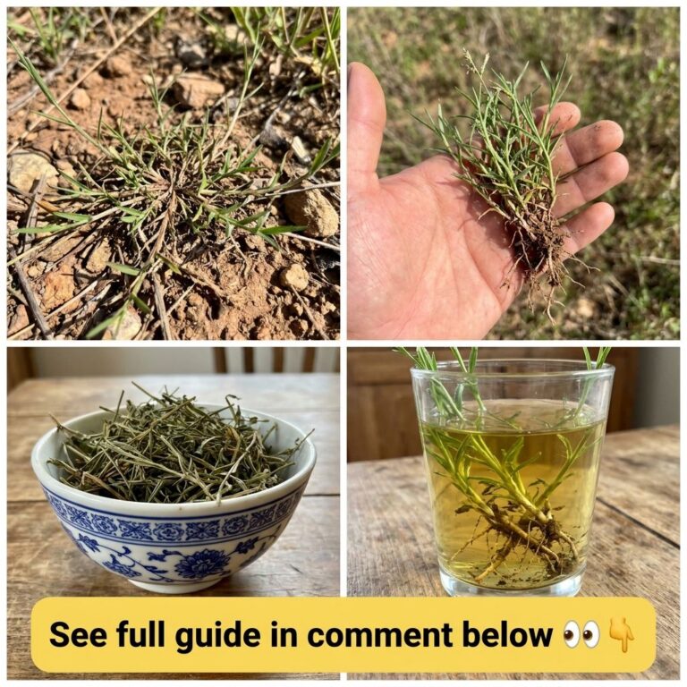 A four-panel collage showing dandelion growing in soil a hand harvesting it dried pieces in a bowl and fresh sprigs stee
