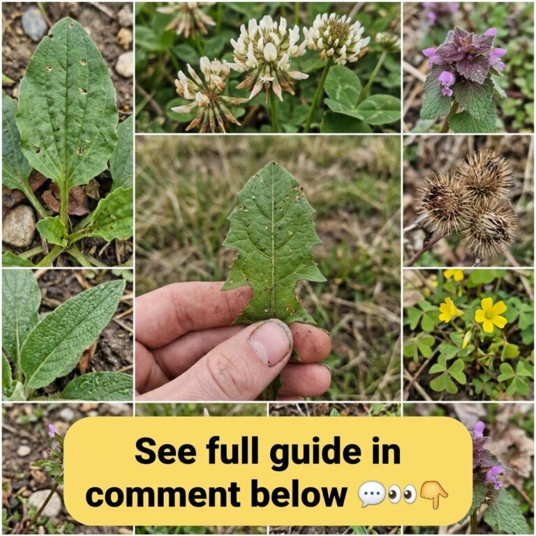A composite image showing various common garden plants often considered weeds like dandelion plantain white clover and p