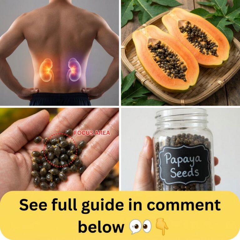 A four-panel collage showing a man s back with glowing kidneys halved papaya with seeds a hand holding papaya seeds and 