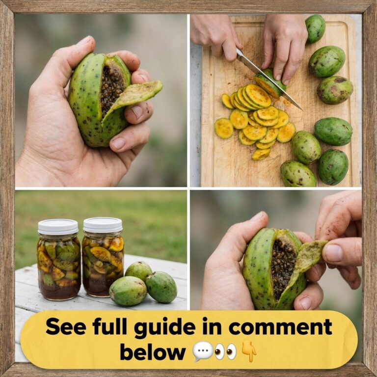 A four-panel collage showing hands peeling a green speckled wild banana to reveal its seedy interior slicing the fruit a