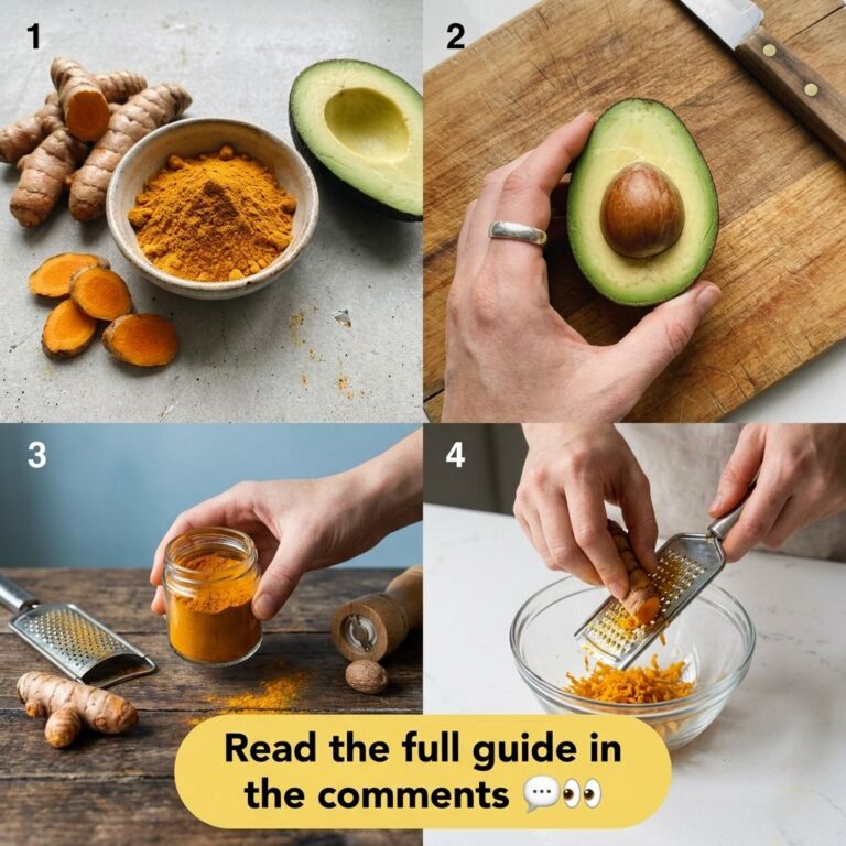 A grid showing fresh turmeric roots turmeric powder a halved avocado and hands grating turmeric illustrating the ingredi
