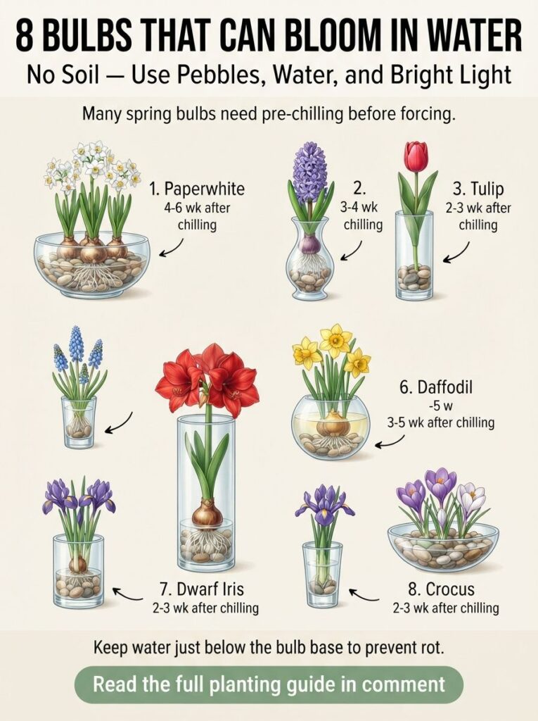 An infographic showing eight different flower bulbs Paperwhite Hyacinth Tulip Muscari Amaryllis Daffodil Dwarf Iris Croc