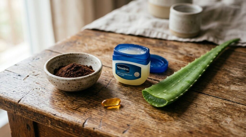 A close-up shot of a small bowl containing ground cloves next to a jar of Vaseline an aloe vera leaf and a vitamin E cap