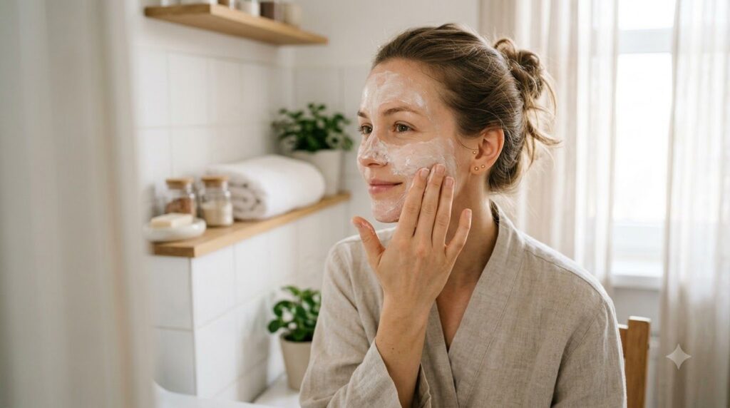 A woman gently applying a homemade face mask possibly a mix of Vaseline and baking soda to her cheek in a brightly lit b