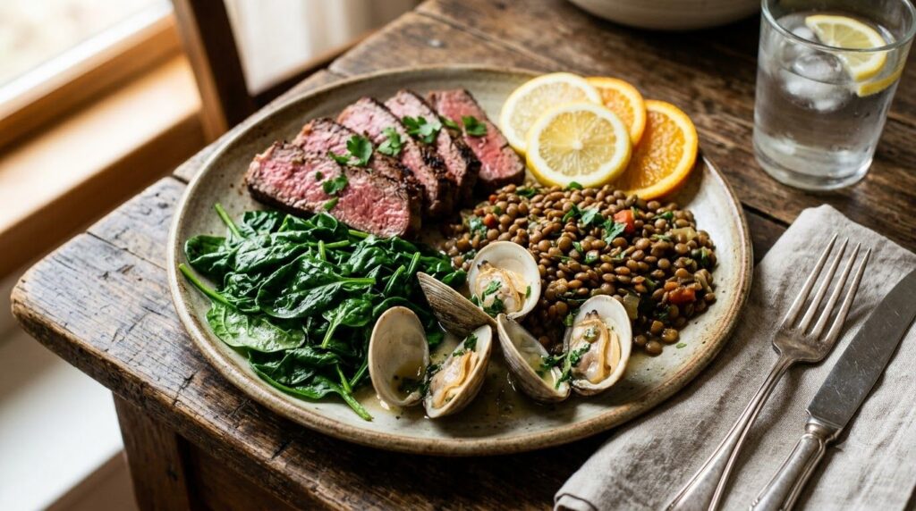 A vibrant balanced plate featuring various iron-rich foods like spinach lean red meat beef clams lentils and citrus frui
