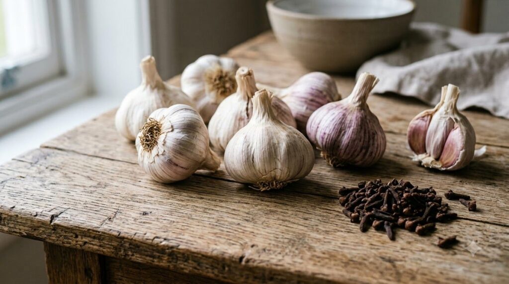 A close-up shot of fresh cloves and garlic bulbs arranged aesthetically on a rustic wooden table with soft natural light