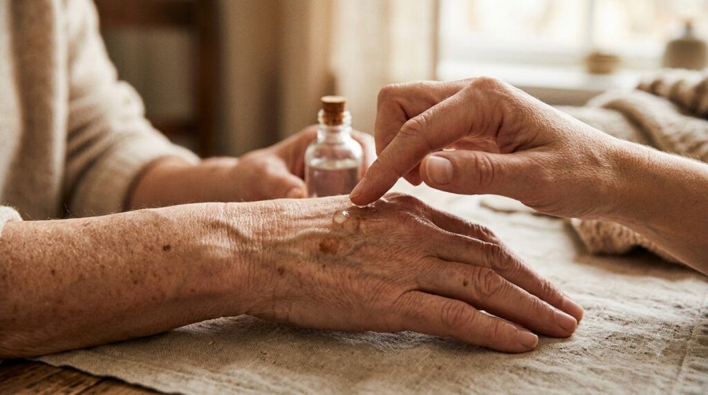 A person s hand gently applying a homemade clear liquid elixir to an age spot on the back of another person s hand again