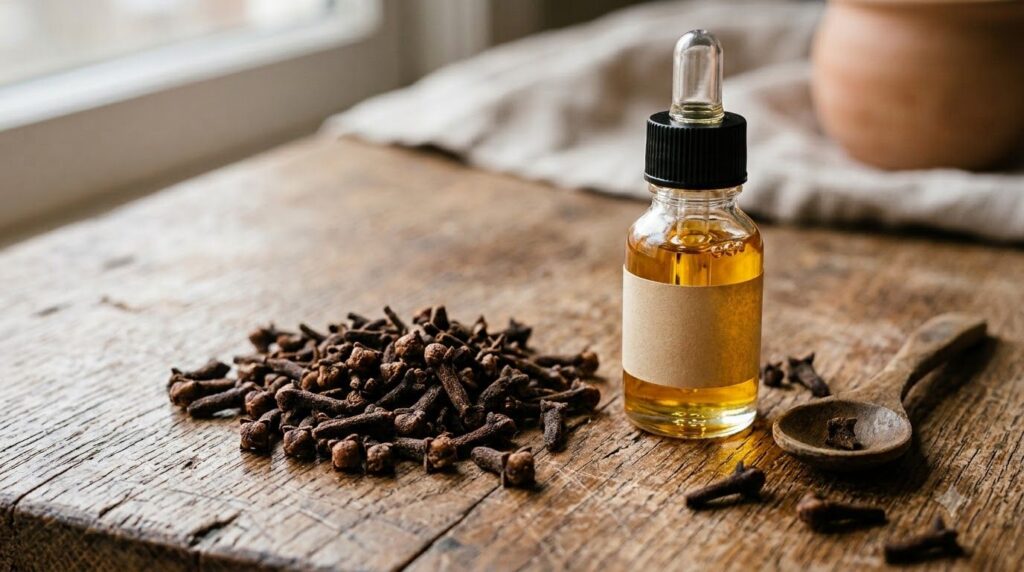 A close-up shot of dried cloves next to a small glass dropper bottle filled with a golden liquid suggesting a homemade s