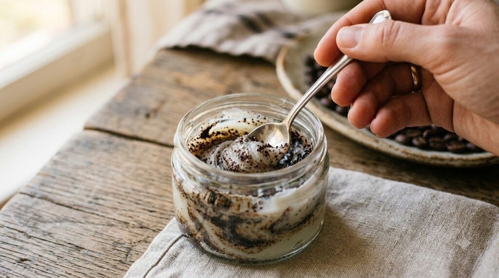 A close-up of a small open jar containing a mixture of Vaseline and ground coffee with a small spoon stirring the blend 