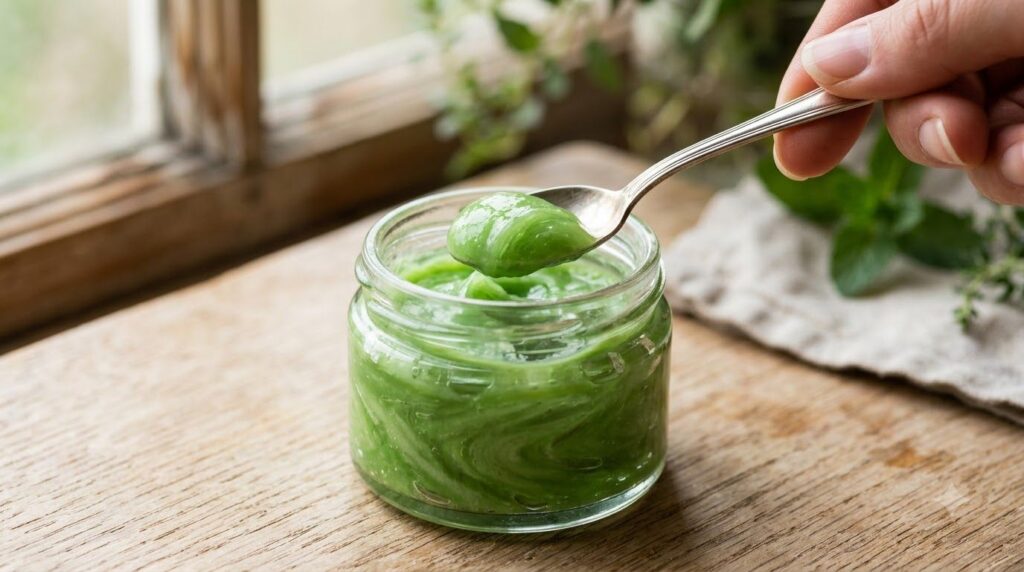 A close-up of a small open jar containing a vibrant green mixture of Vaseline and aloe vera gel with a small spoon delic