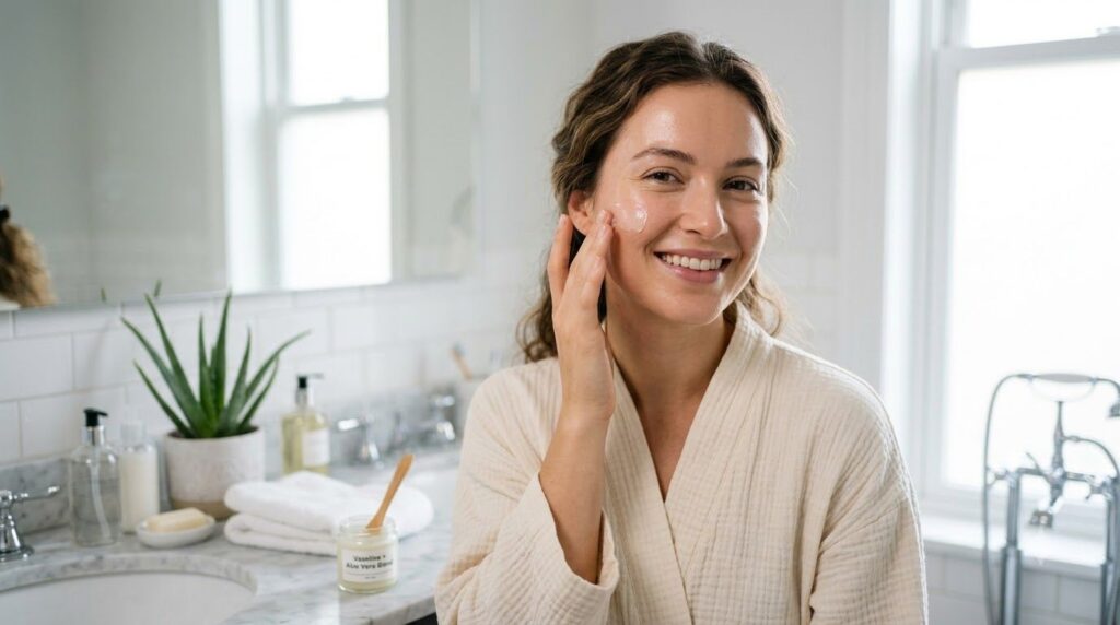 A person gently applying a Vaseline and aloe vera blend to their face showing a soft glowing complexion against a blurre