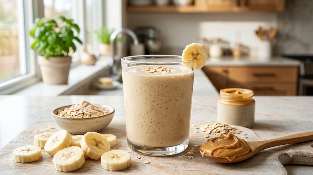 A vibrant well-blended protein shake in a clear glass with ingredients like banana slices oats and a spoonful of peanut 