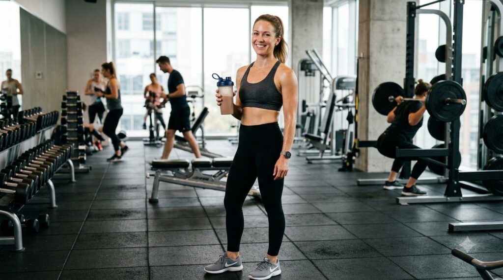A person in gym attire smiling and holding a shaker bottle filled with a protein shake after a workout in a gym setting