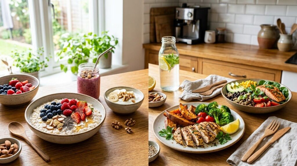 A variety of healthy pre and post-workout meals laid out on a kitchen counter Pre-workout examples like oatmeal with ber