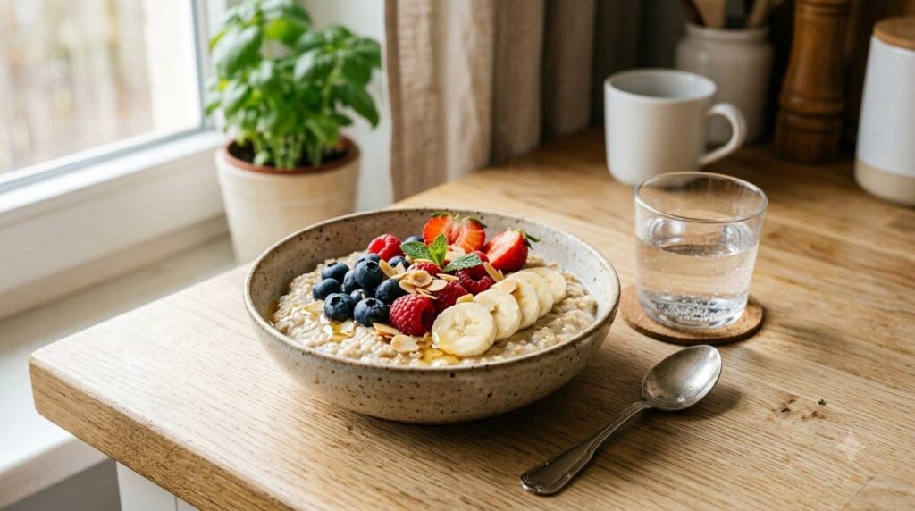 A balanced pre-workout meal with oatmeal berries and nuts next to a glass of water on a kitchen counter