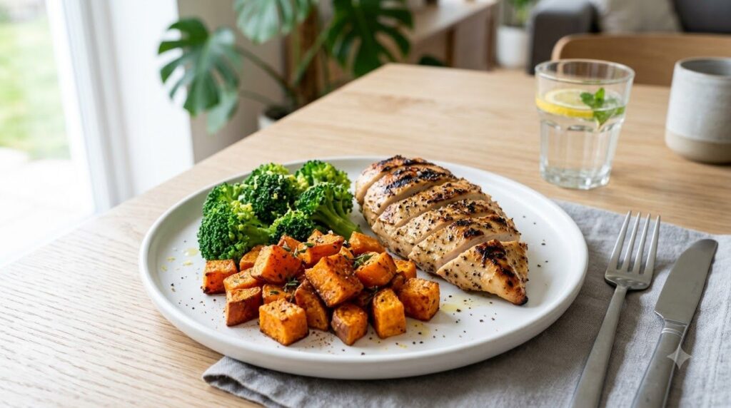 A healthy post-workout meal featuring grilled chicken roasted sweet potatoes and green vegetables on a plate