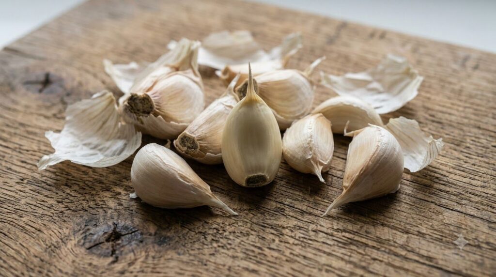 Close-up of a garlic bulb broken into individual cloves showing the root plate and pointy tip of each clove ready for pl