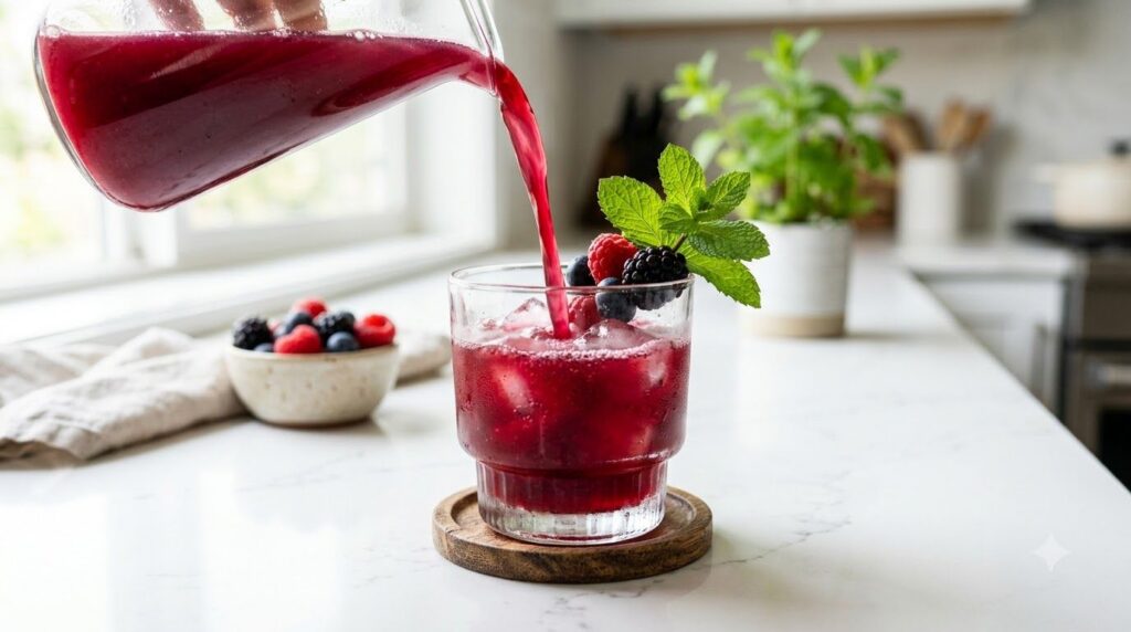 A vibrant refreshing berry and greens collagen drink in a glass garnished with fresh berries and green leaves against a 