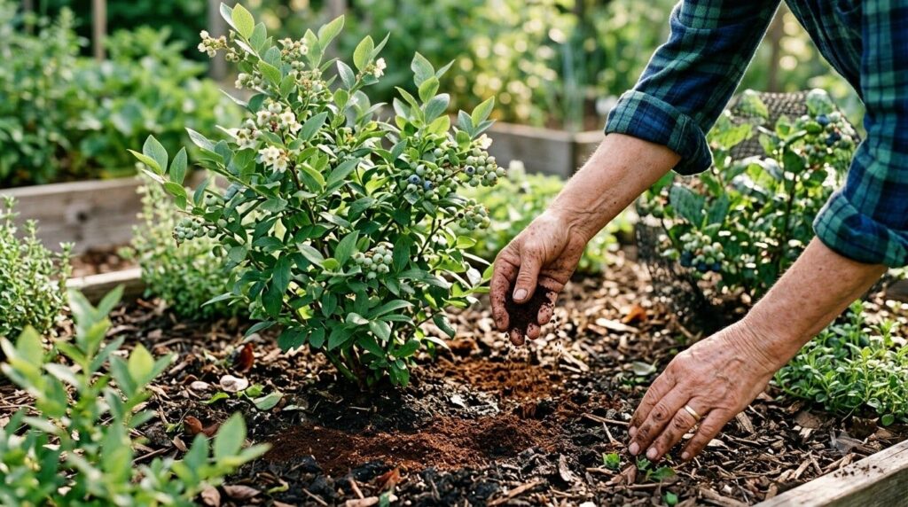 A gardener s hands gently sprinkling coffee grounds around the base of a vibrant healthy blueberry bush in a well-mainta