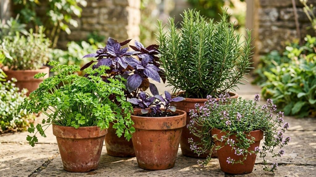 A vibrant container garden filled with various herbs like rosemary thyme basil and parsley thriving together in terracot
