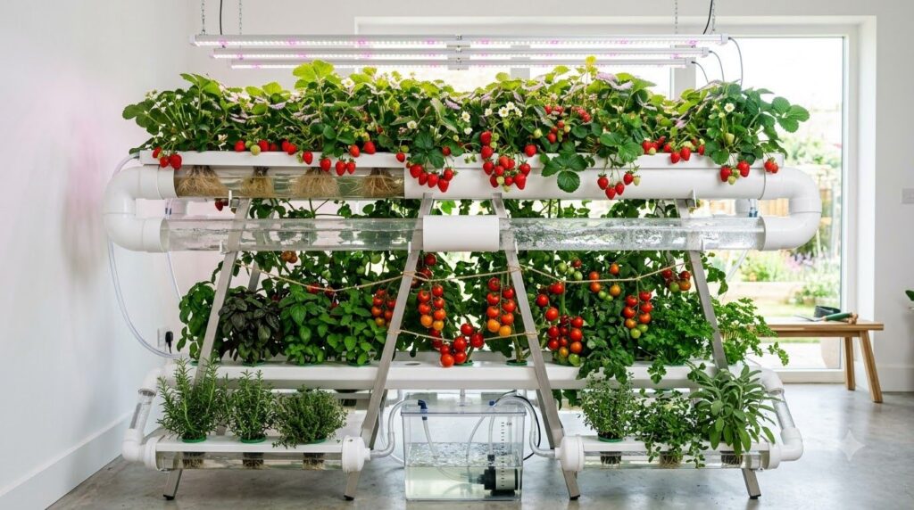 A vibrant indoor hydroponic setup with various fruits such as strawberries small tomatoes and herbs growing under LED li