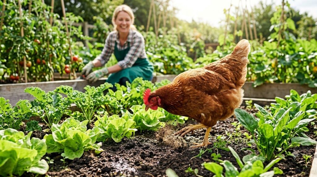 A happy hen scratching in a garden bed surrounded by healthy plants with a gardener observing in the background