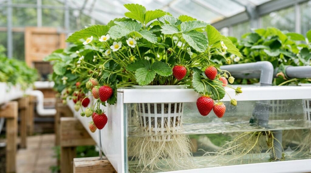A close-up of healthy hydroponic strawberry plants showing bright green leaves and small red fruits with roots clearly v