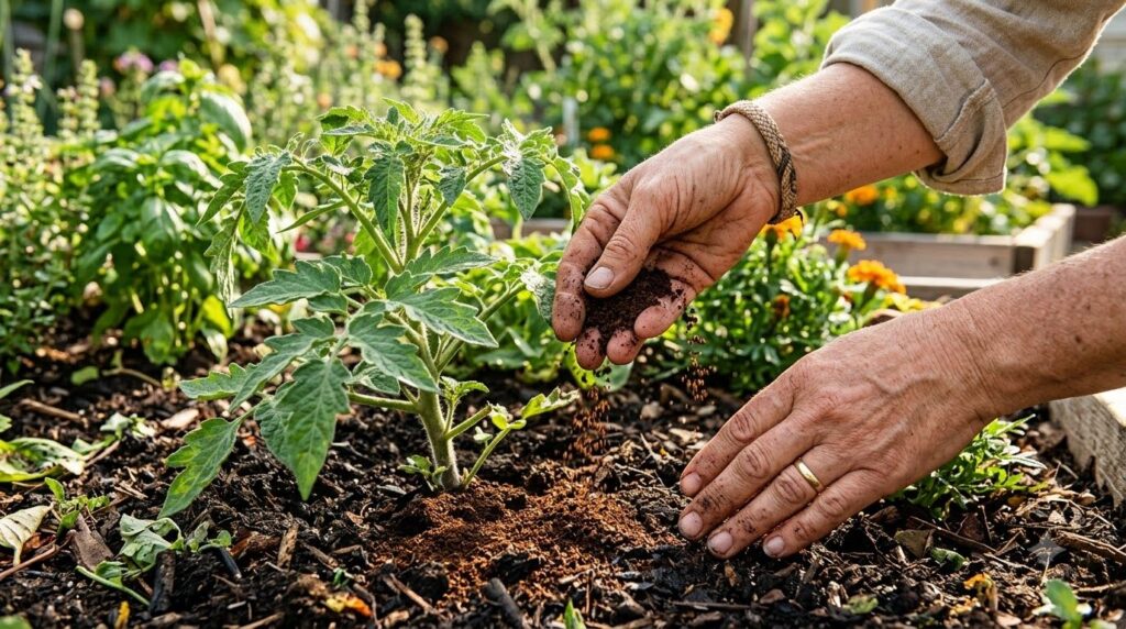 A close-up of a gardener s hands sprinkling dried coffee grounds around the base of a vibrant green plant in a garden be