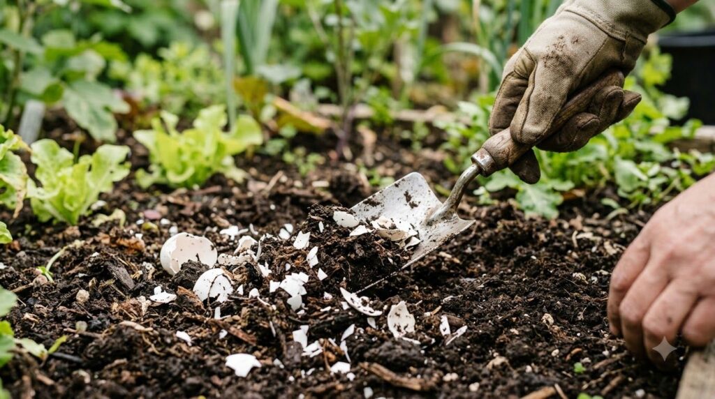 A close-up of crushed eggshells being mixed into garden soil with a small trowel