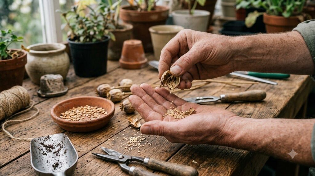 A close-up of a gardener s hands carefully separating and cleaning seeds from a harvested vegetable with various seeds a