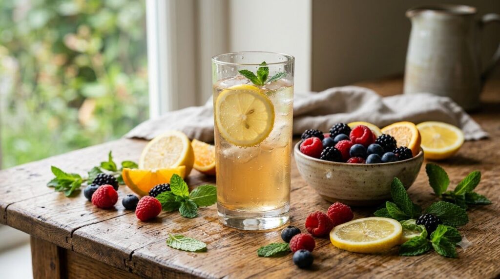 A clear glass filled with a refreshing homemade collagen-boosting drink possibly with ice and a lemon slice placed on a 