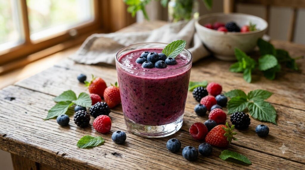 A vibrant fresh berry blend smoothie in a glass surrounded by fresh berries and some green leaves suggesting health and 