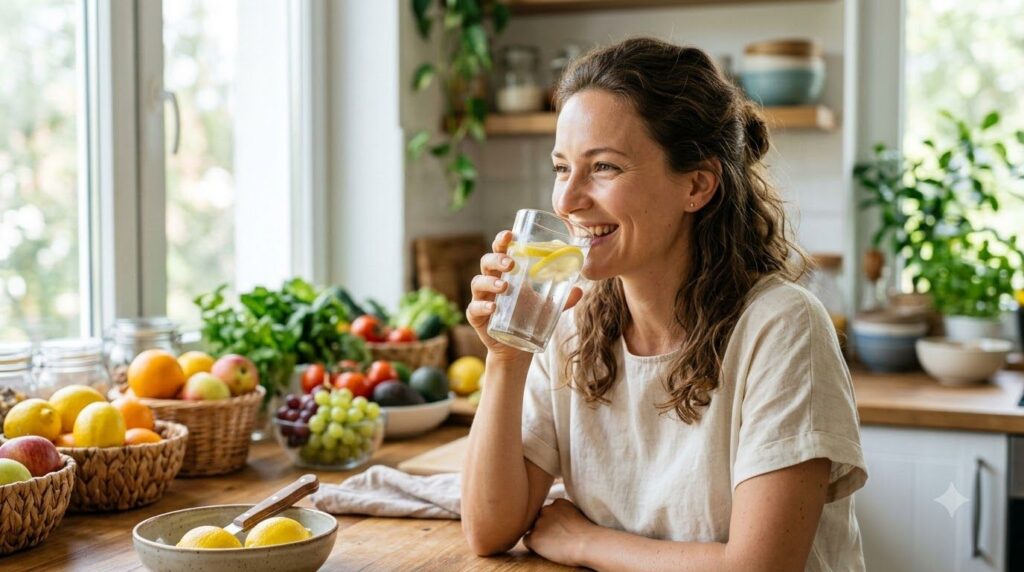 A woman drinking a glass of water with lemon looking fresh and happy with fruits and vegetables in the background on a k