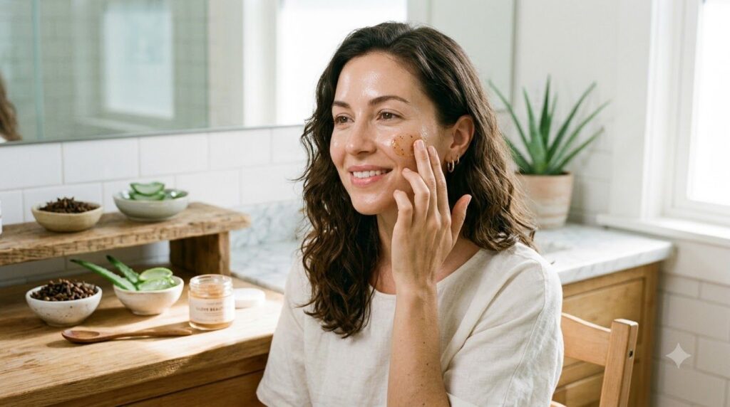 A woman gently applying a homemade light brown clove beauty gel to her cheek with her fingertips smiling softly in a bri