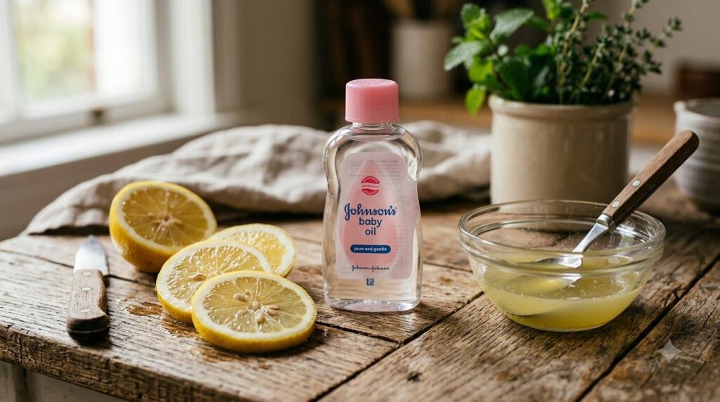 A close-up of a small bottle of Johnson s Baby Oil next to fresh lemon slices and a bowl with a homemade mixture suggest