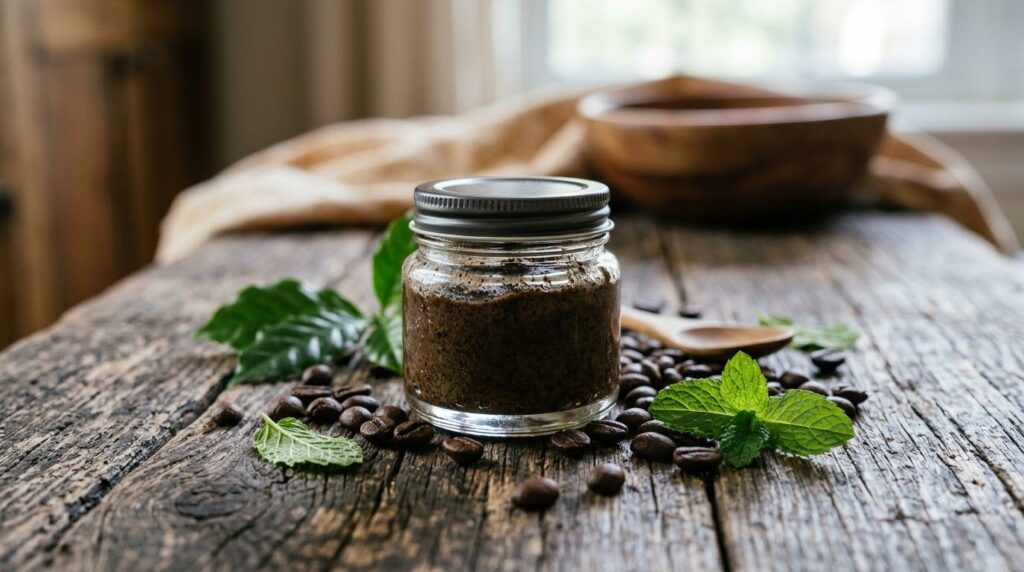 A close-up shot of a small jar of homemade under-eye cream made from coffee grounds and Vaseline with a small spoon besi