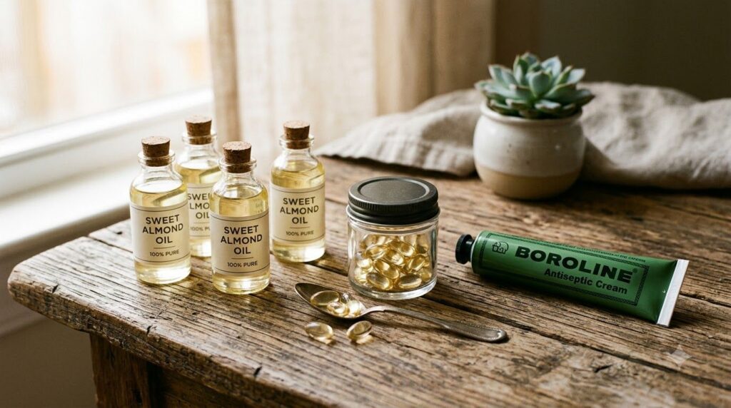 A variety of small natural ingredients like almond oil vitamin E capsules and a tube of Boroline cream laid out on a woo
