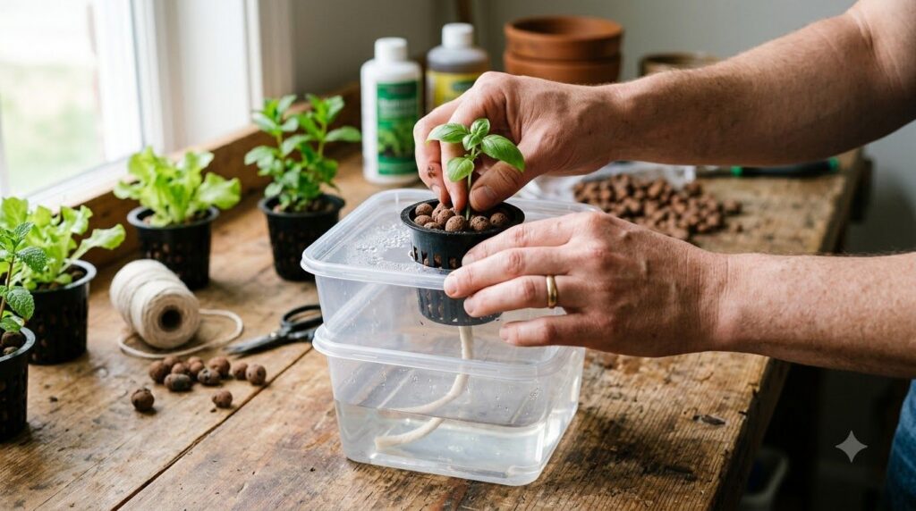 A person s hands assembling a simple DIY wick hydroponic system in a home setting showing clear containers wicks and net
