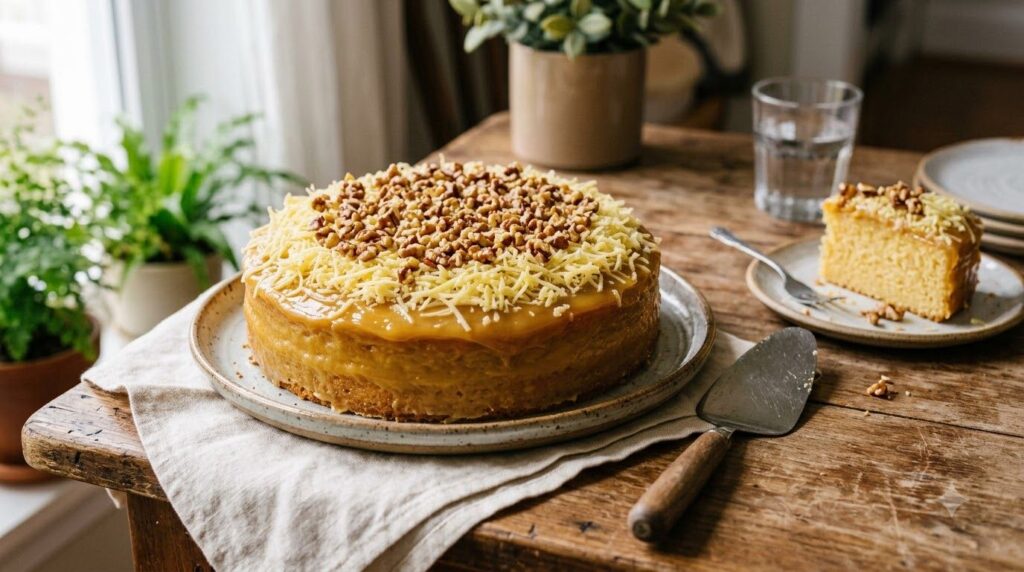 A fluffy Yema Cake topped with golden yema custard cheese and candied nuts with a slice revealing its moist interior