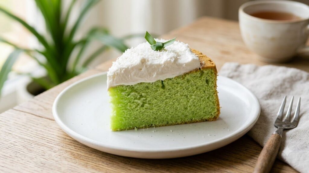 A slice of light green Pandan Cake revealing its airy texture and topped with delicate white coconut frosting on a plate