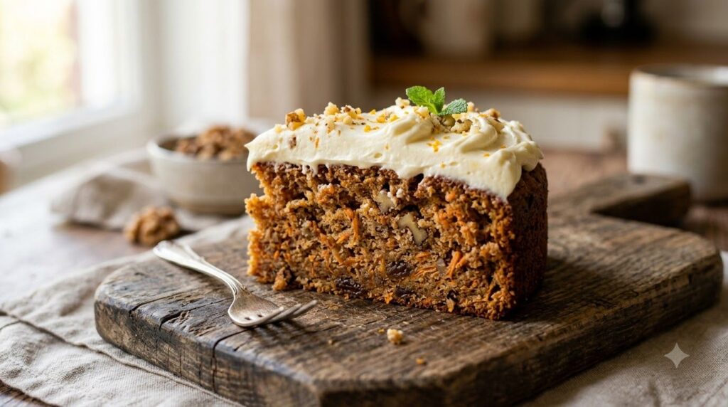A generous slice of moist Carrot Cake with visible carrot shreds and nuts topped with thick cream cheese frosting and a 