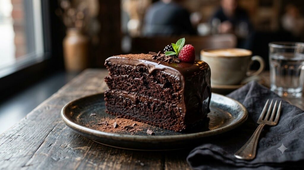 A rich dark slice of Chocolate Moist Cake with a glossy chocolate ganache frosting dusted with cocoa powder on a plate