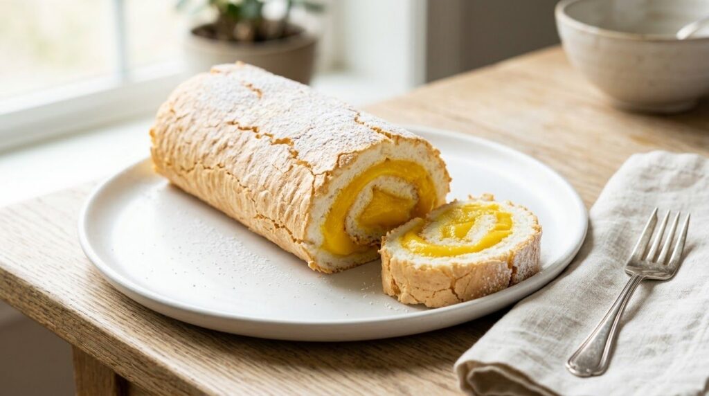A rolled meringue cake Brazo de Mercedes revealing its soft fluffy meringue exterior and a rich golden yema custard fill